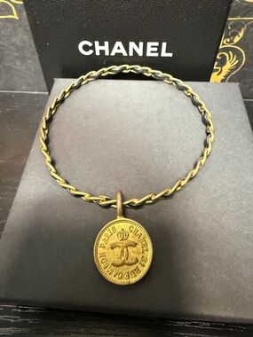 CHANEL COCO Mark Bangle Bracelet Metal Leather